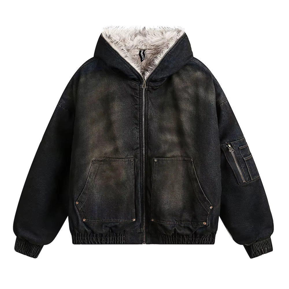 American Vintage Denim Parkas Fur Winter Warm Padded Jackets Men Streetwear Harajuku Oversized Bubble Coat Outwear