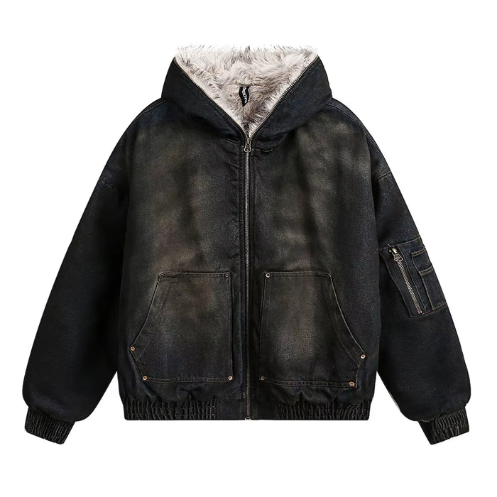 American Vintage Denim Parkas Fur Winter Warm Padded Jackets Men Streetwear Harajuku Oversized Bubble Coat Outwear