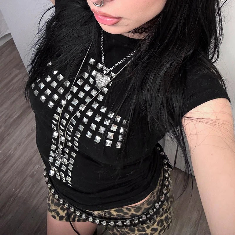 Elevate Your Style with Our Gothic Punk Rock Short Sleeve T-Shirt - Chic Metallic Decor for the Modern Emo Girl