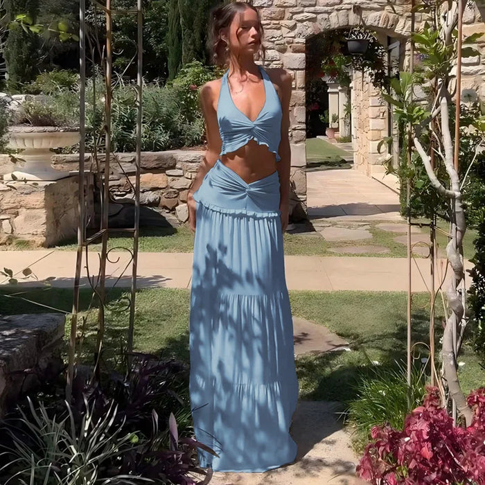 Halter Crop Top & Pleated Skirt Two-Piece Set