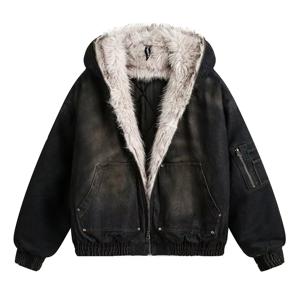 American Vintage Denim Parkas Fur Winter Warm Padded Jackets Men Streetwear Harajuku Oversized Bubble Coat Outwear