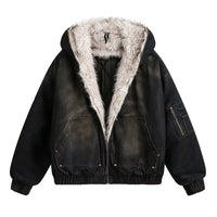 American Vintage Denim Parkas Fur Winter Warm Padded Jackets Men Streetwear Harajuku Oversized Bubble Coat Outwear