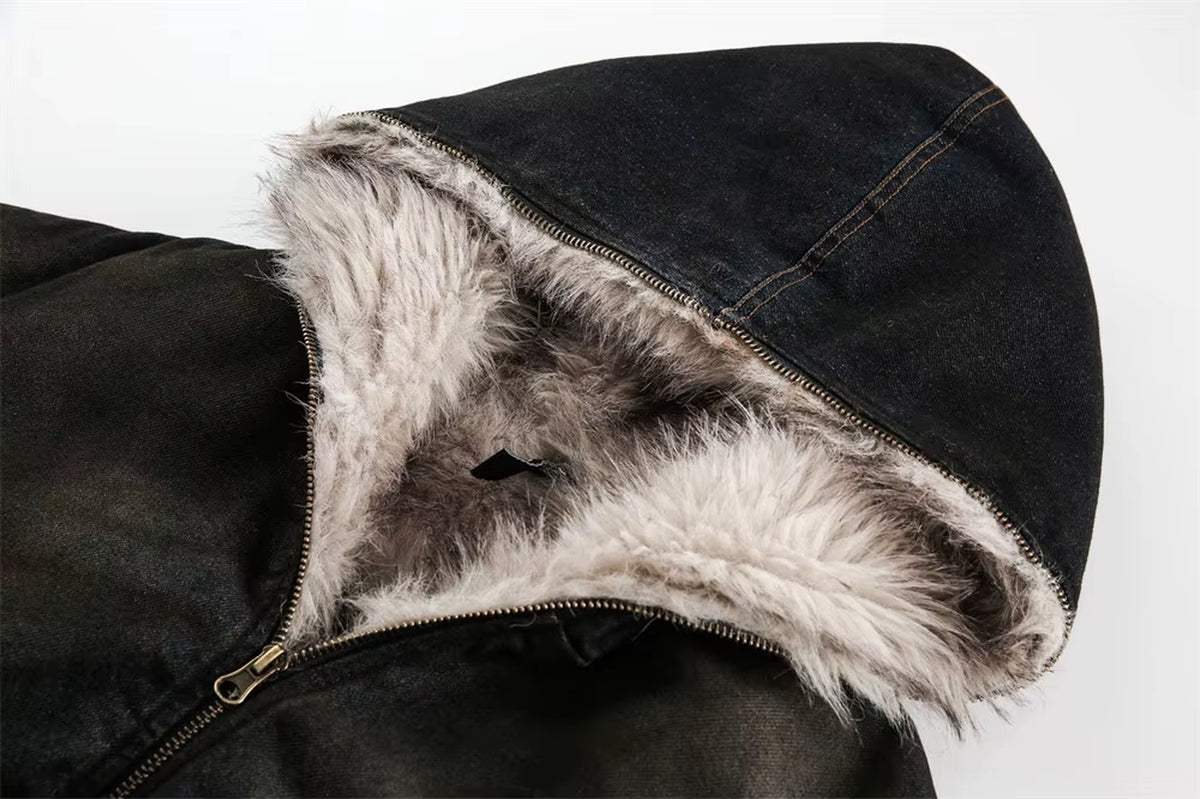 American Vintage Denim Parkas Fur Winter Warm Padded Jackets Men Streetwear Harajuku Oversized Bubble Coat Outwear