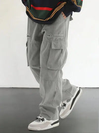 Men'S Solid Color Drawstring Waist Multi Pocketed Cargo Long Pants