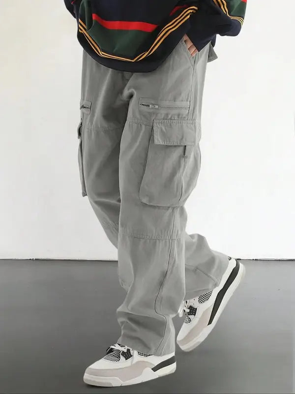Men'S Solid Color Drawstring Waist Multi Pocketed Cargo Long Pants