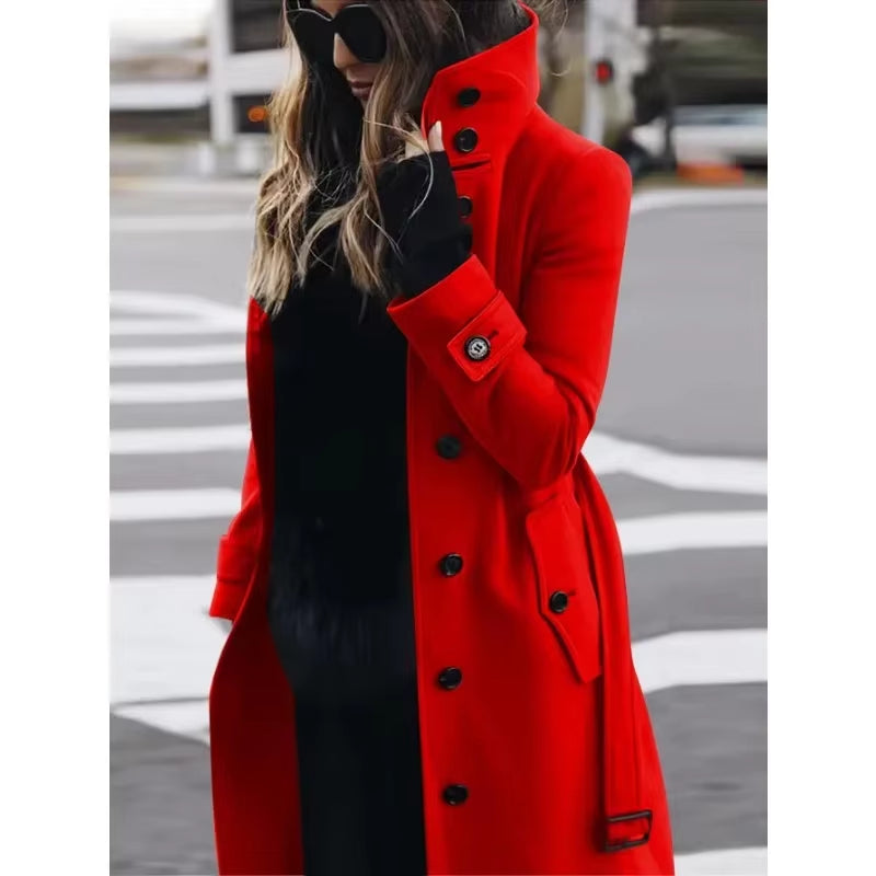 Autumn Winter New Woolen Coat Women'S Slim Fit Cardigan Large Coat Women Long Sleeve Single Breasted Stand Collar Woolen Coat