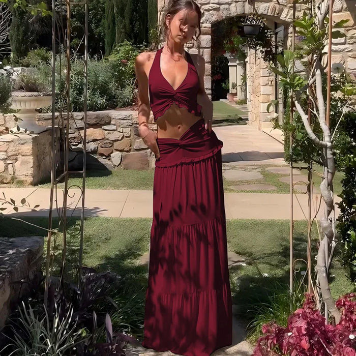 Halter Crop Top & Pleated Skirt Two-Piece Set