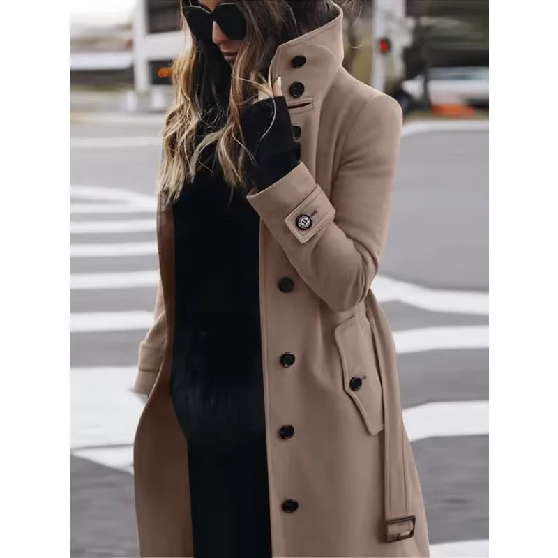 Autumn Winter New Woolen Coat Women'S Slim Fit Cardigan Large Coat Women Long Sleeve Single Breasted Stand Collar Woolen Coat