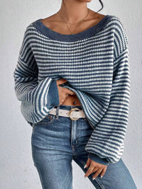 Autumn and Winter New Women'S Line Collar Drop Shoulder Sleeve All Matching Pullover Loose Temperament Striped Knitwear