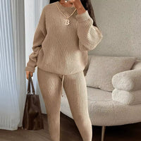 Fashion and Casual Knitted Top and Trousers Women'S Wool 2-Piece Set
