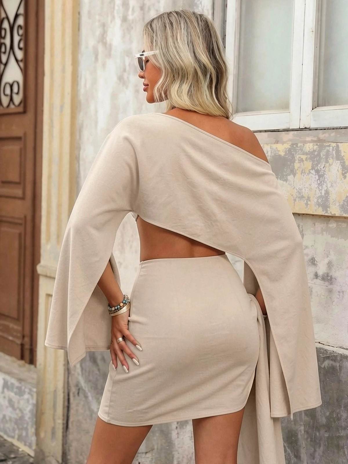 Khaki Off-Shoulder Crop Top & Wrap Skirt Set