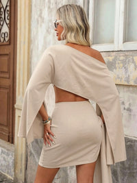 Khaki Off-Shoulder Crop Top & Wrap Skirt Set