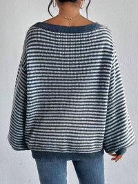 Autumn and Winter New Women'S Line Collar Drop Shoulder Sleeve All Matching Pullover Loose Temperament Striped Knitwear