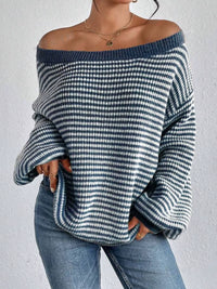 Autumn and Winter New Women'S Line Collar Drop Shoulder Sleeve All Matching Pullover Loose Temperament Striped Knitwear