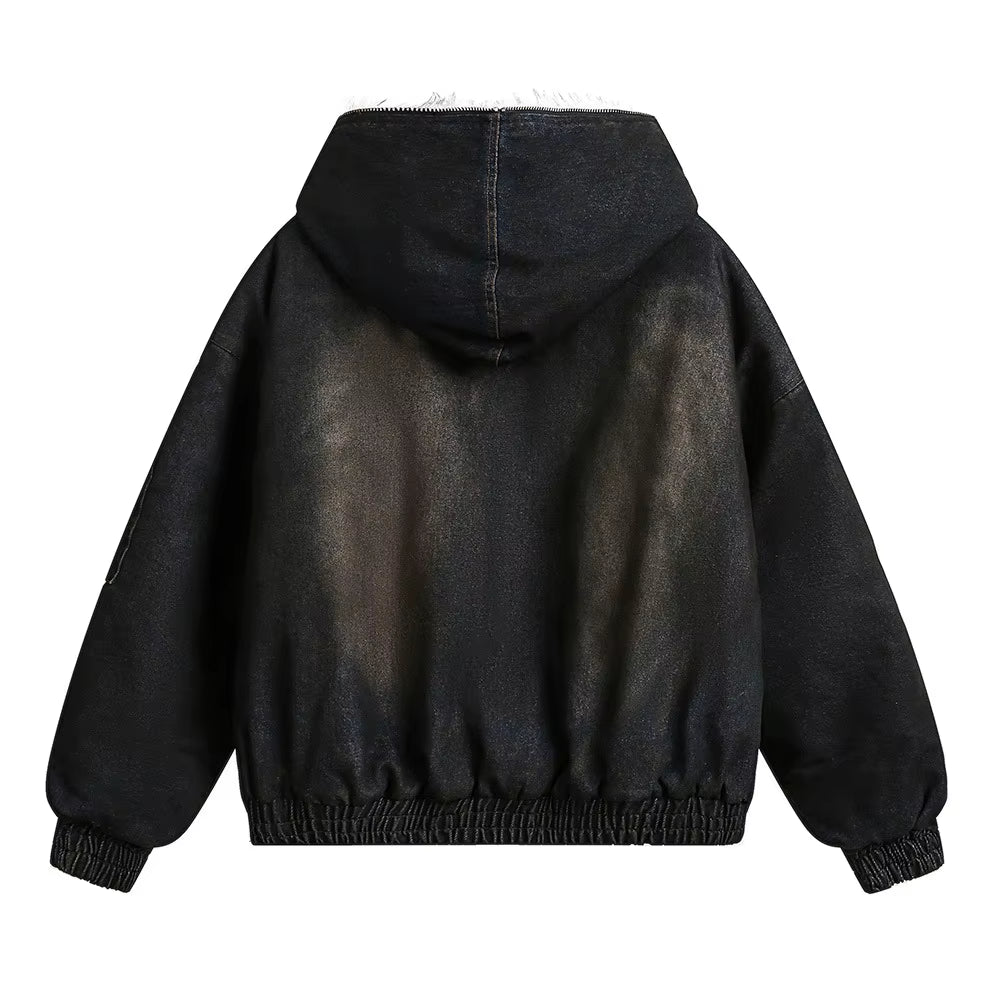 American Vintage Denim Parkas Fur Winter Warm Padded Jackets Men Streetwear Harajuku Oversized Bubble Coat Outwear