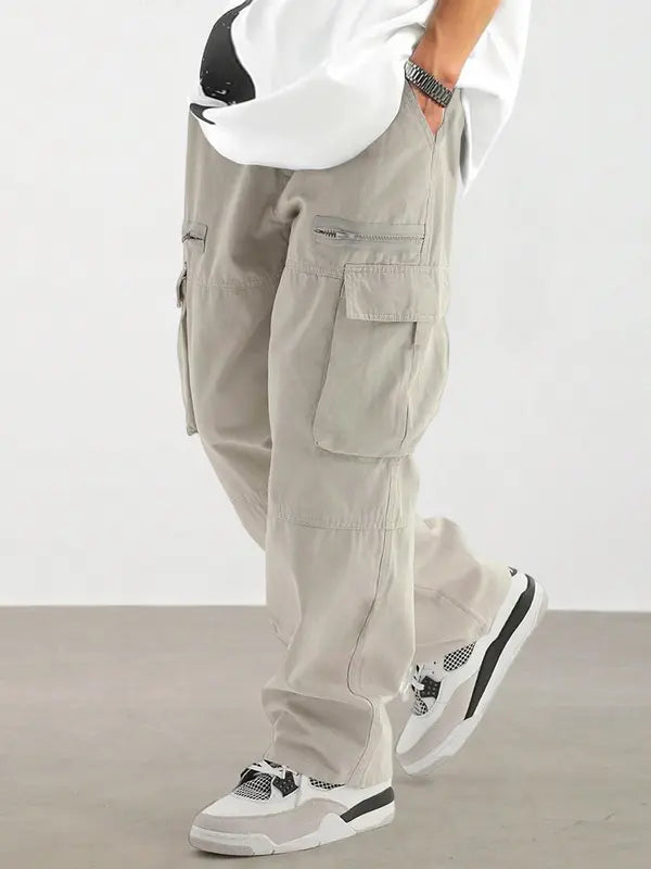 Men'S Solid Color Drawstring Waist Multi Pocketed Cargo Long Pants
