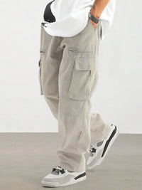 Men'S Solid Color Drawstring Waist Multi Pocketed Cargo Long Pants