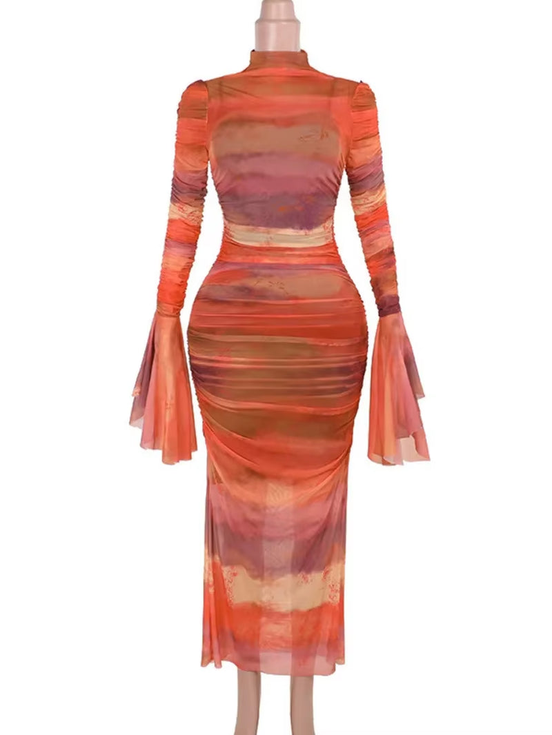 Print Flare Sleeve Sexy Maxi Dress for Women Elegant High Waist Ruched Bodycon Club Party Female Fashion Long Dress