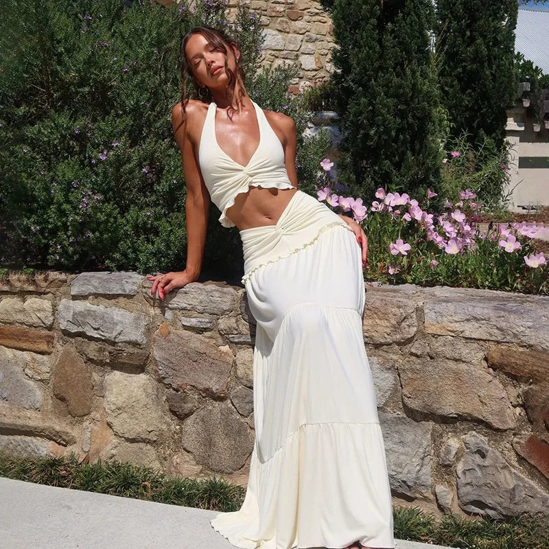 Halter Crop Top & Pleated Skirt Two-Piece Set