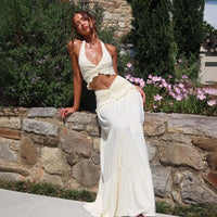 Halter Crop Top & Pleated Skirt Two-Piece Set