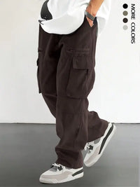 Men'S Solid Color Drawstring Waist Multi Pocketed Cargo Long Pants