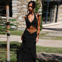 Halter Crop Top & Pleated Skirt Two-Piece Set