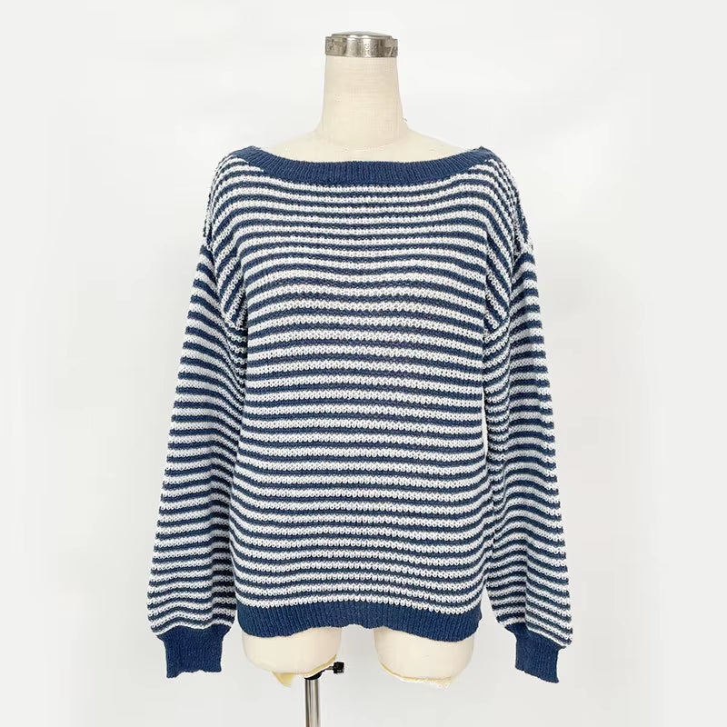 Autumn and Winter New Women'S Line Collar Drop Shoulder Sleeve All Matching Pullover Loose Temperament Striped Knitwear