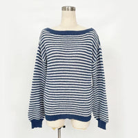 Autumn and Winter New Women'S Line Collar Drop Shoulder Sleeve All Matching Pullover Loose Temperament Striped Knitwear