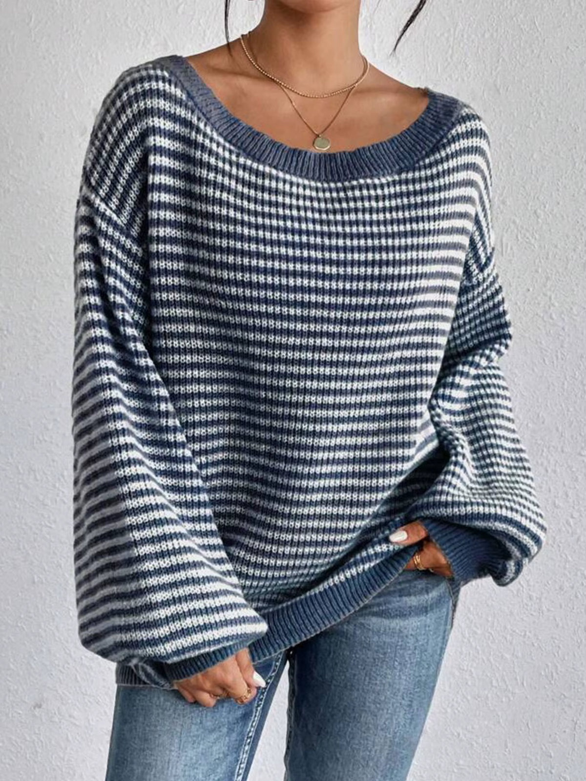 Autumn and Winter New Women'S Line Collar Drop Shoulder Sleeve All Matching Pullover Loose Temperament Striped Knitwear